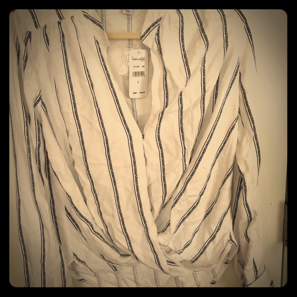 NWT Blue striped drape top with snap closure